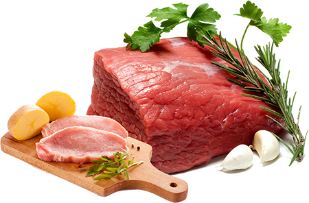 Raw beef and pork cuts on a board