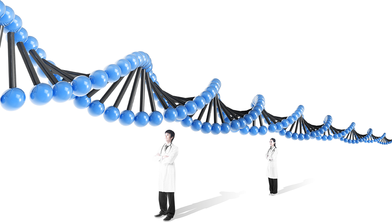 Two scientists standing beneath a large DNA helix model