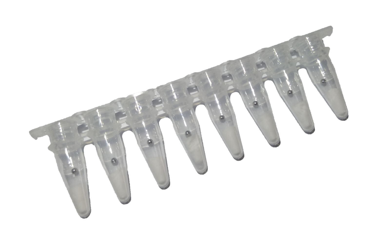Lyophilised RAA reagent pellets in an 8-tube strip